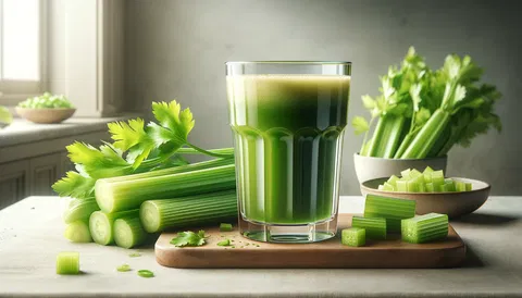 Fresh green vegetables and cold-pressed juice as part of a balanced wellness routine